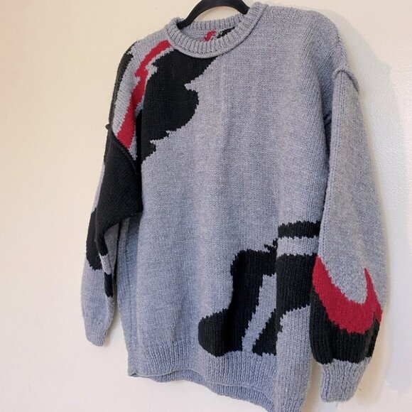 Vintage Handmade Grey Acrylic Knit Crew Neck Sweater L - Picture 7 of 9